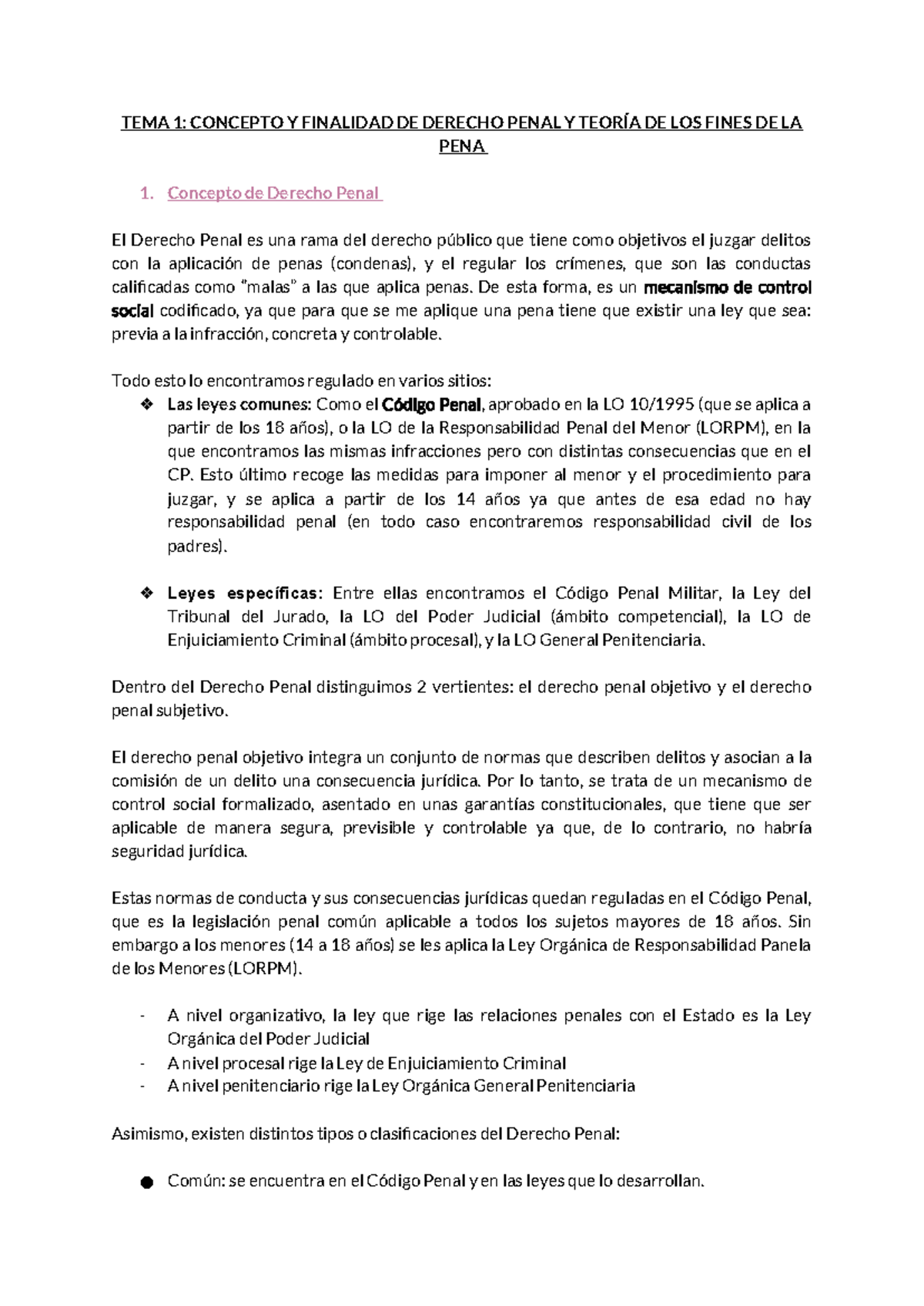 TEMA 1: CONCEPTO Y FINALIDAD DEL DERECHO PENAL - Apuntes - Studocu