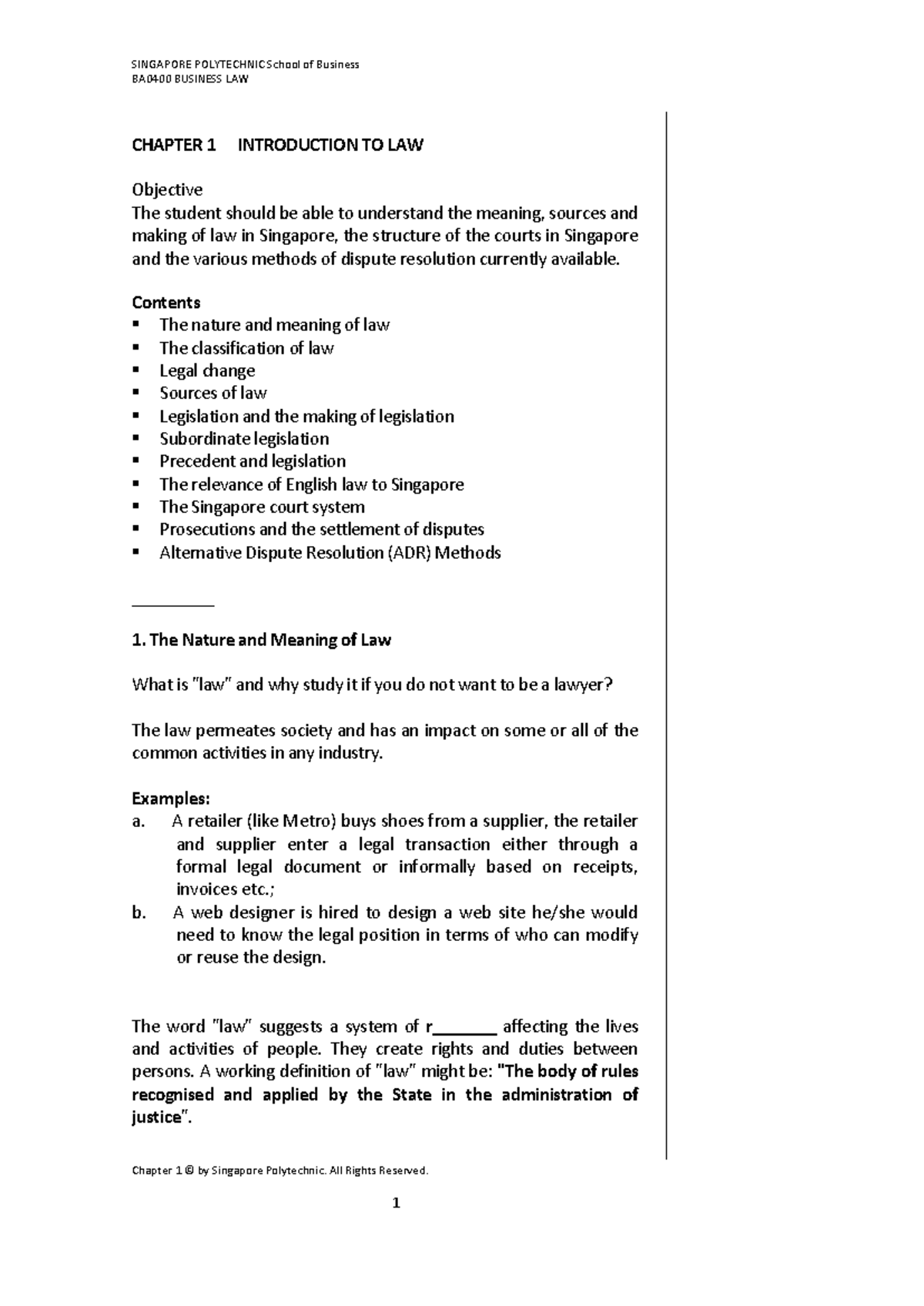 C1 - BA0400 Business Law Lecture Notes: Chapter 1 Overview - Studocu