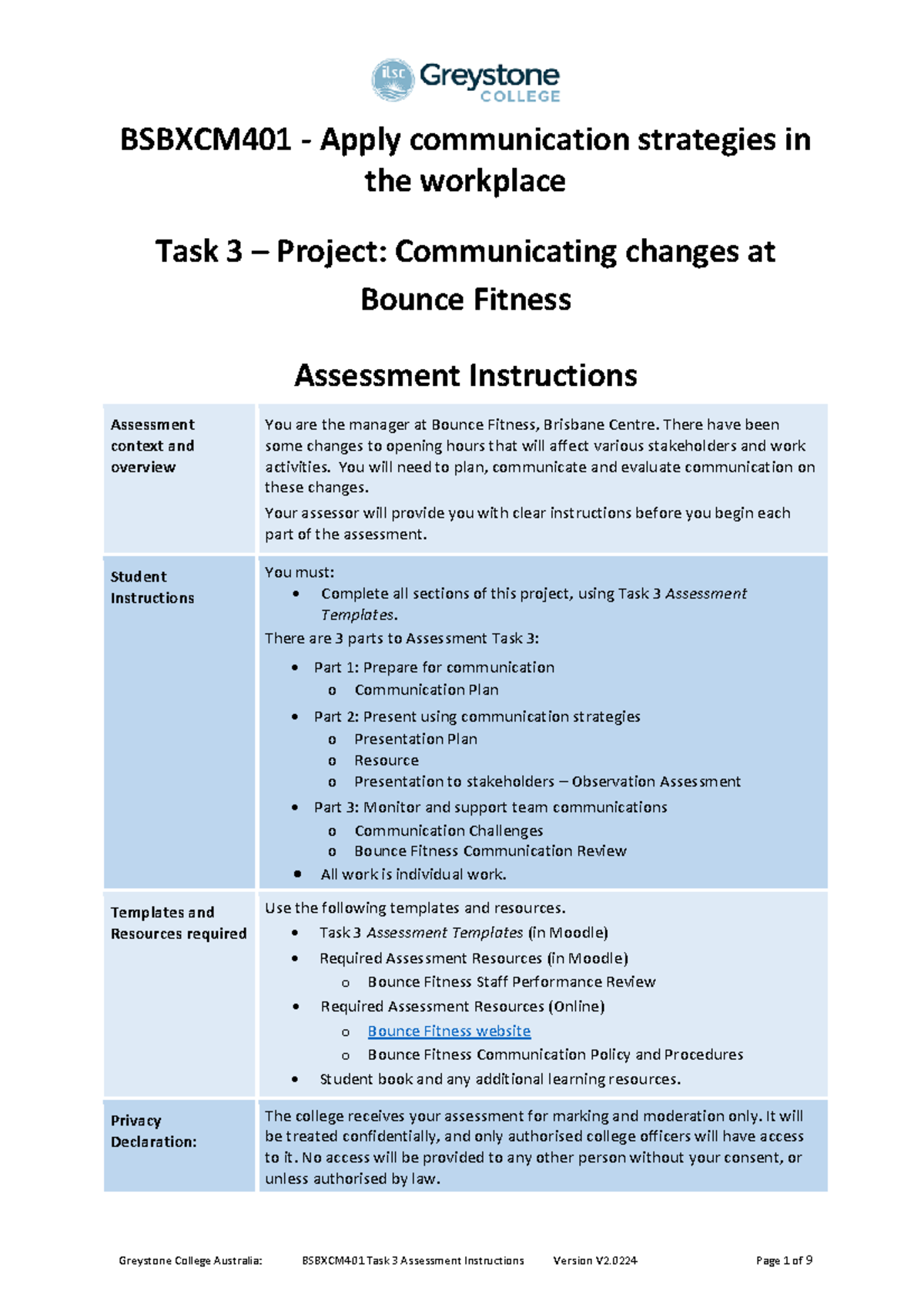 BSBXCM401 Task 3 Project: Communication Strategies at Bounce Fitness ...