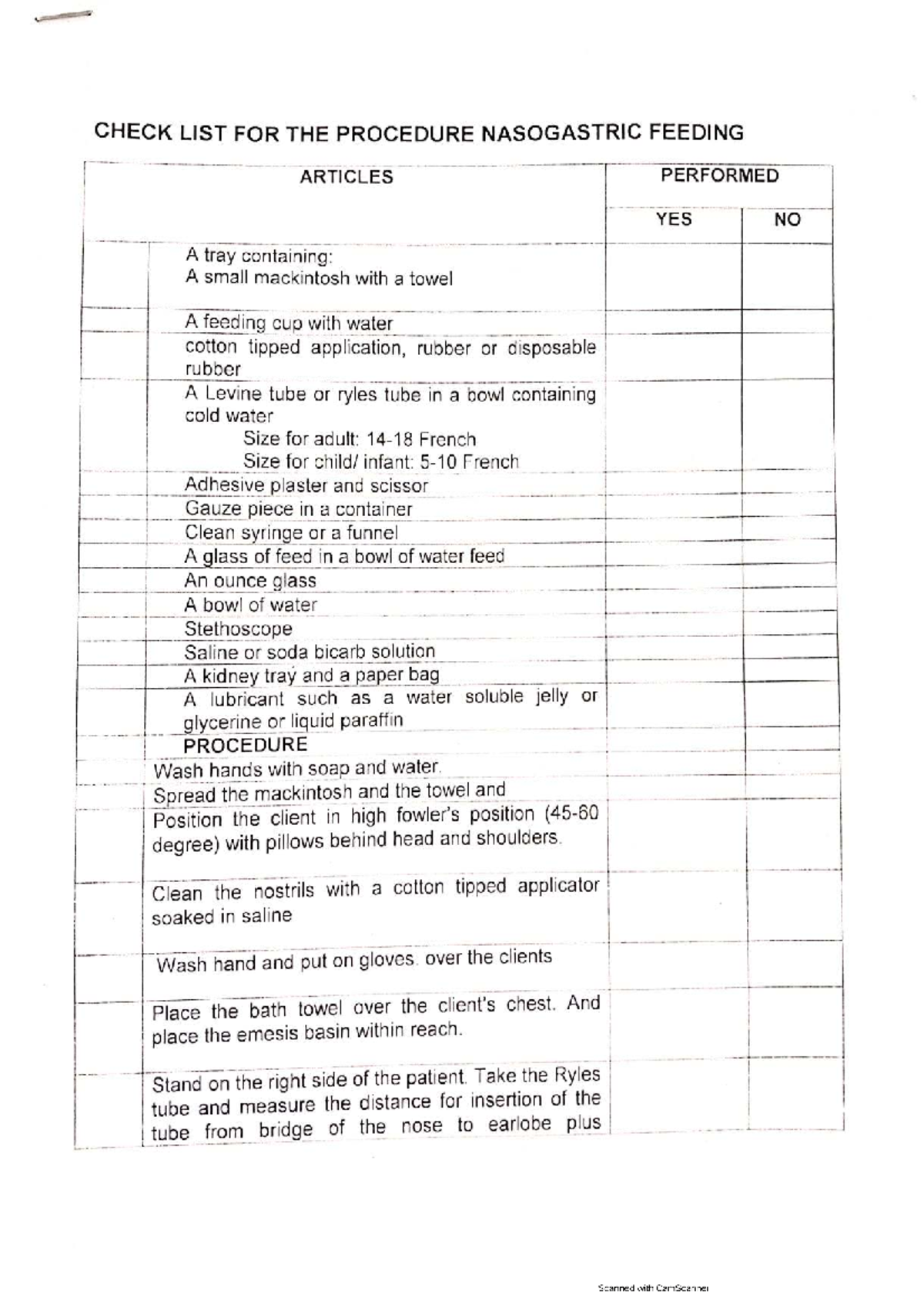 NG Tube Insertion Procedure Checklist for Nursing Students - Studocu