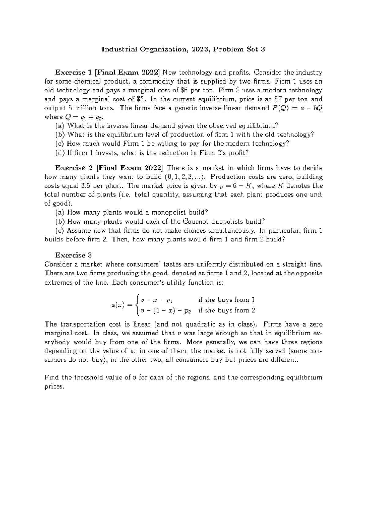 Homework 3 IO 2023 - Problem Set 3 on Industrial Organization - Studocu