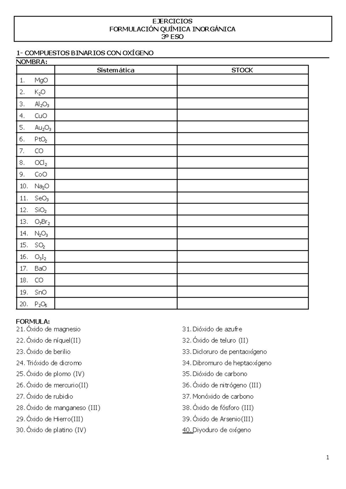 Ejercicios de Formulación de Compuestos Binarios 3º ESO - Document Preview