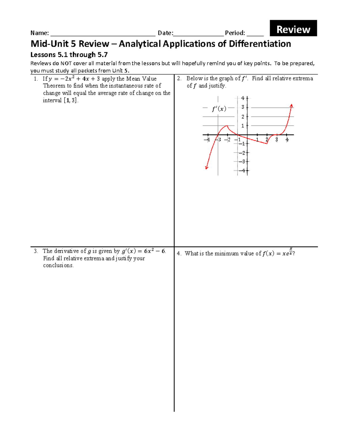 Calc 5 Mid-Unit Review: Analytical Applications of Differentiation ...