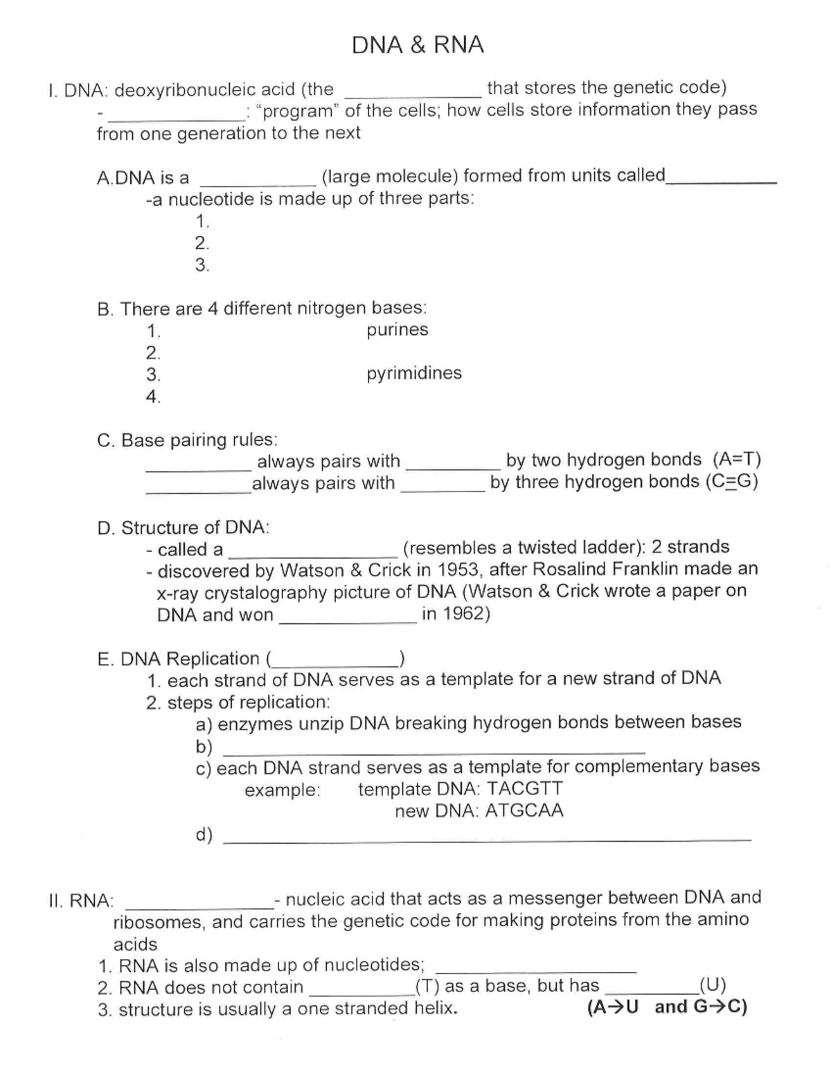 DNA and RNA Study Notes for Course Code: [Insert Course Code Here ...