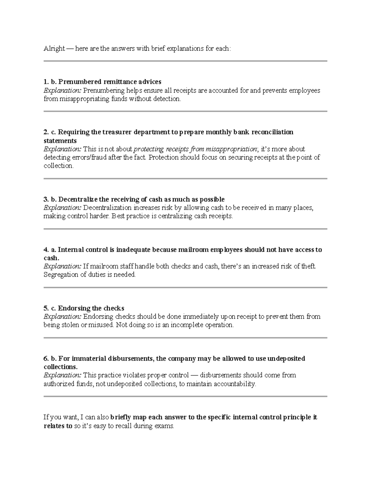 Auditing Answers & Explanations for Internal Control Principles - Studocu