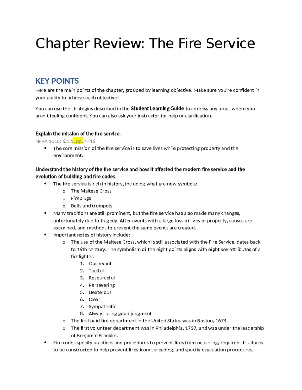 Chapter Review: Key Points on Fire Service History and Evolution (CHRV ...