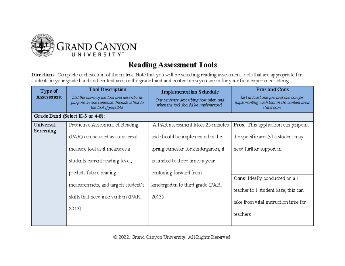 REA-325 T3 Reading Assessment Tools: Matrix & Implementation Guide ...