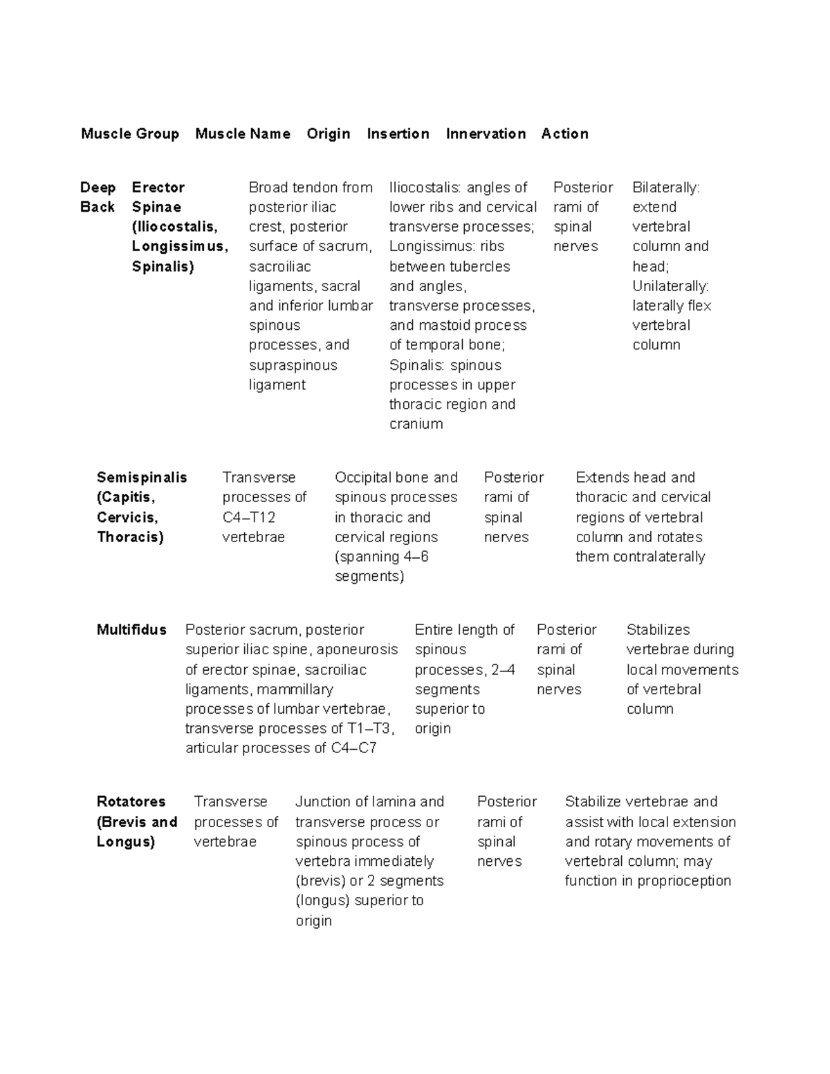 Muscle Chart for Deep Back and Anterior Forearm - HK3401 - Studocu