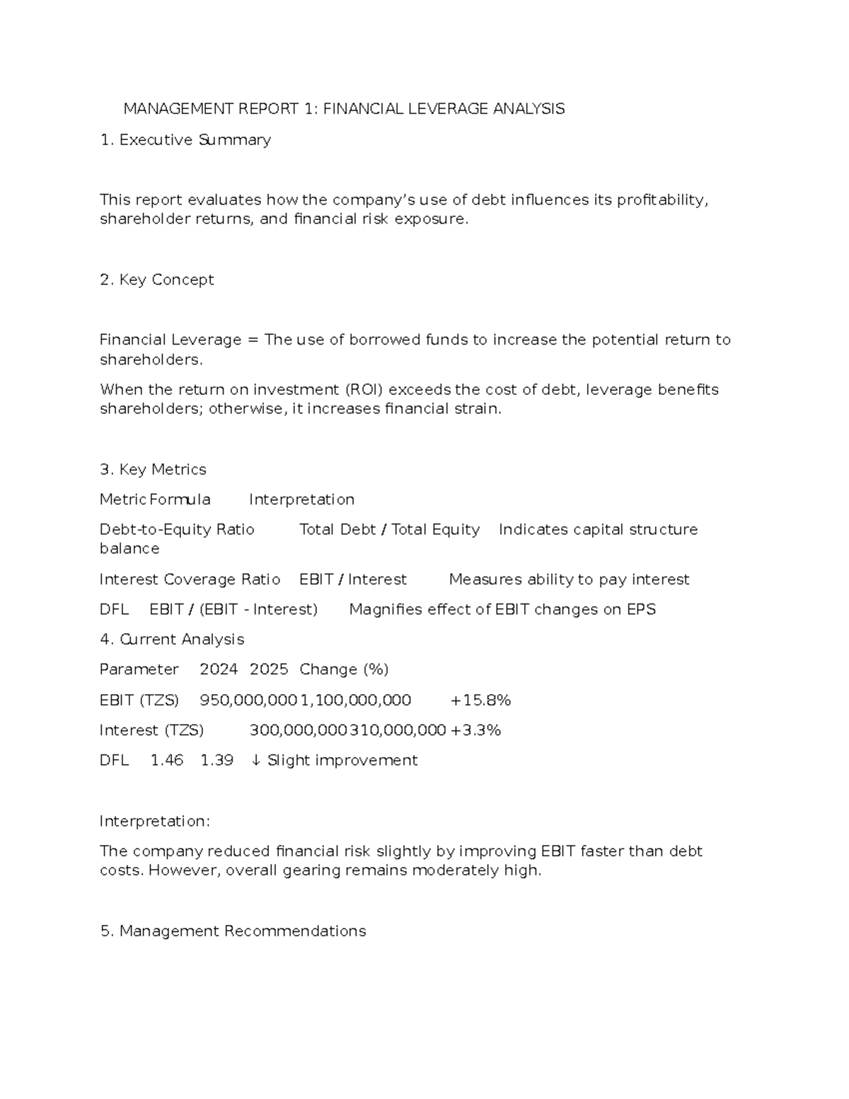 ACCT 101: Management Report on Financial & Operating Leverage Analysis ...
