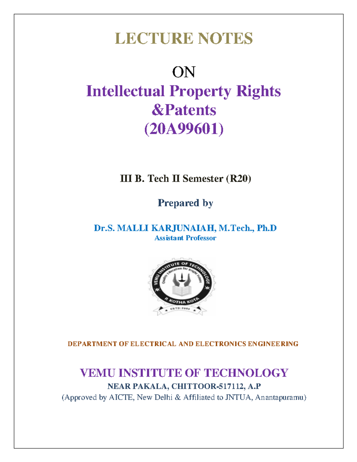 LECTURE NOTES ON Intellectual Property Rights (20A99601) for B. Tech II ...
