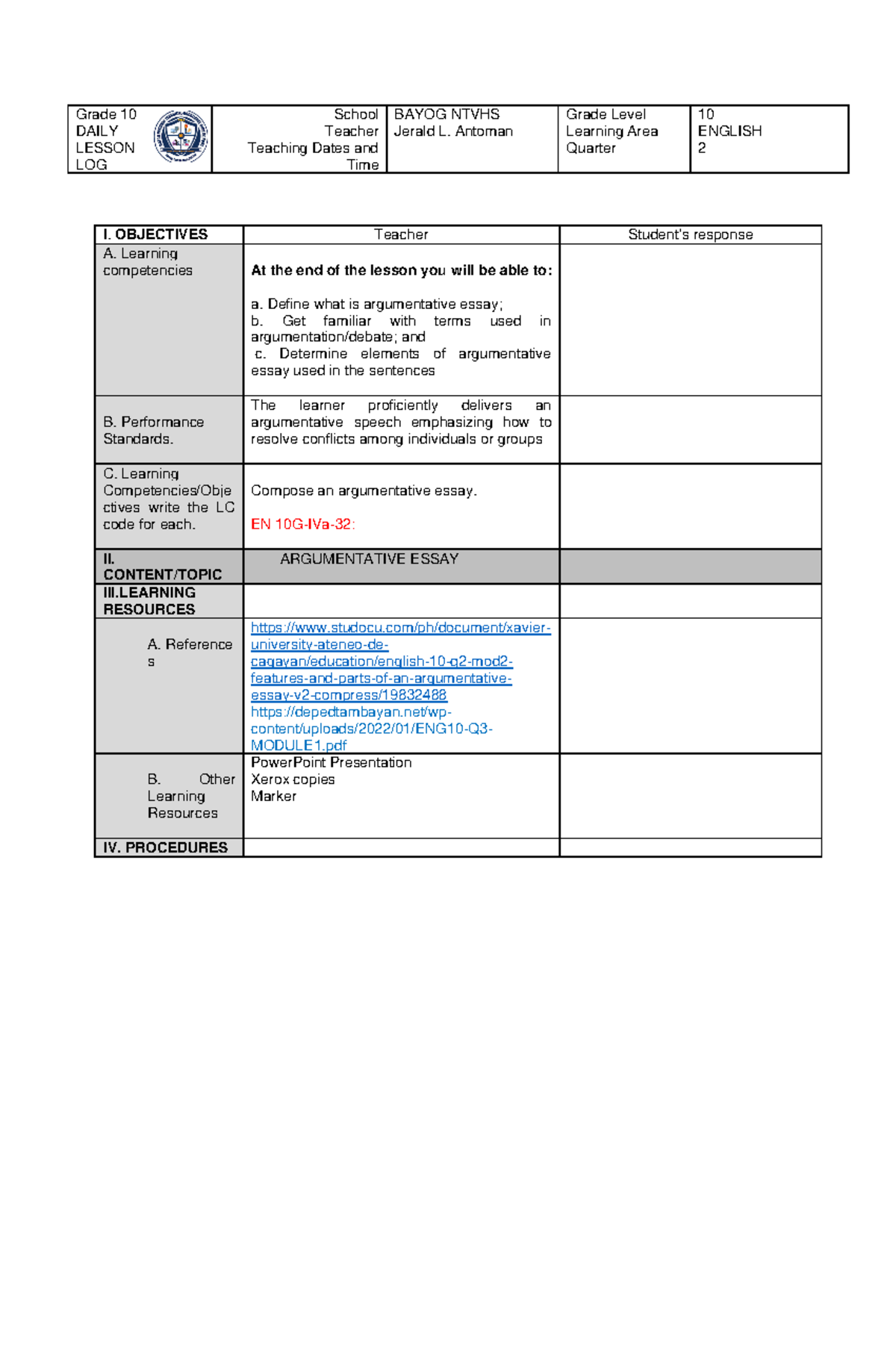 Grade 10 ENGLISH - Portrait of Argumentative Essay Techniques - Studocu