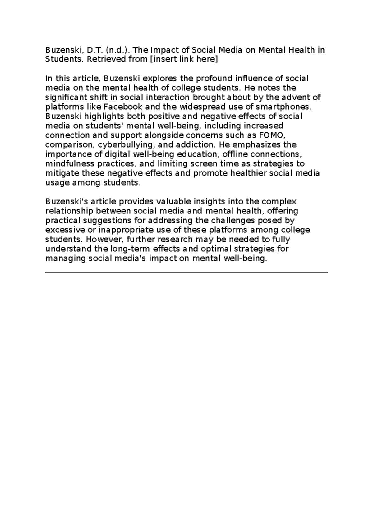 Buzenski - The Impact of Social Media on Student Mental Health - Studocu