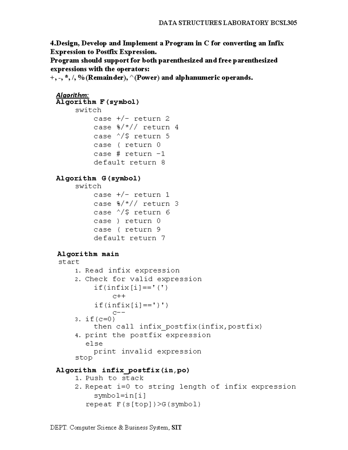 Infix to Postfix Conversion Program - BCSL305 Lab 4 - Studocu
