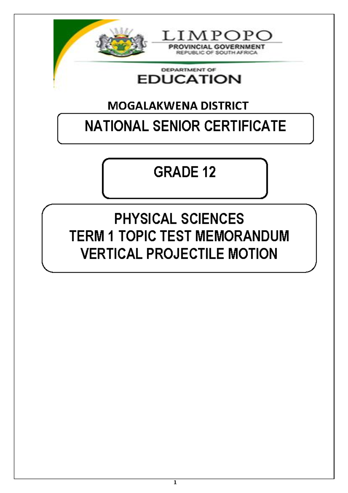 2026 Vertical Projectile Motion Topic Test=Memo - MOGALAKWENA DISTRICT ...