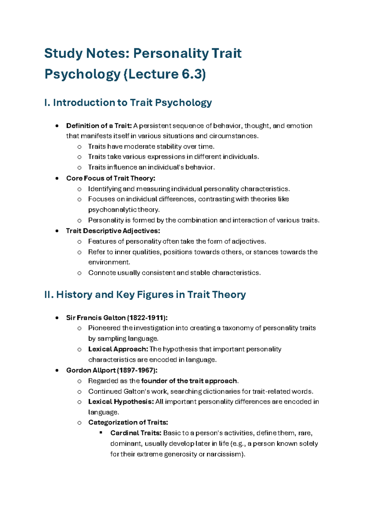 Study Notes: Personality Trait Psychology (Lecture 6.3) - Studocu