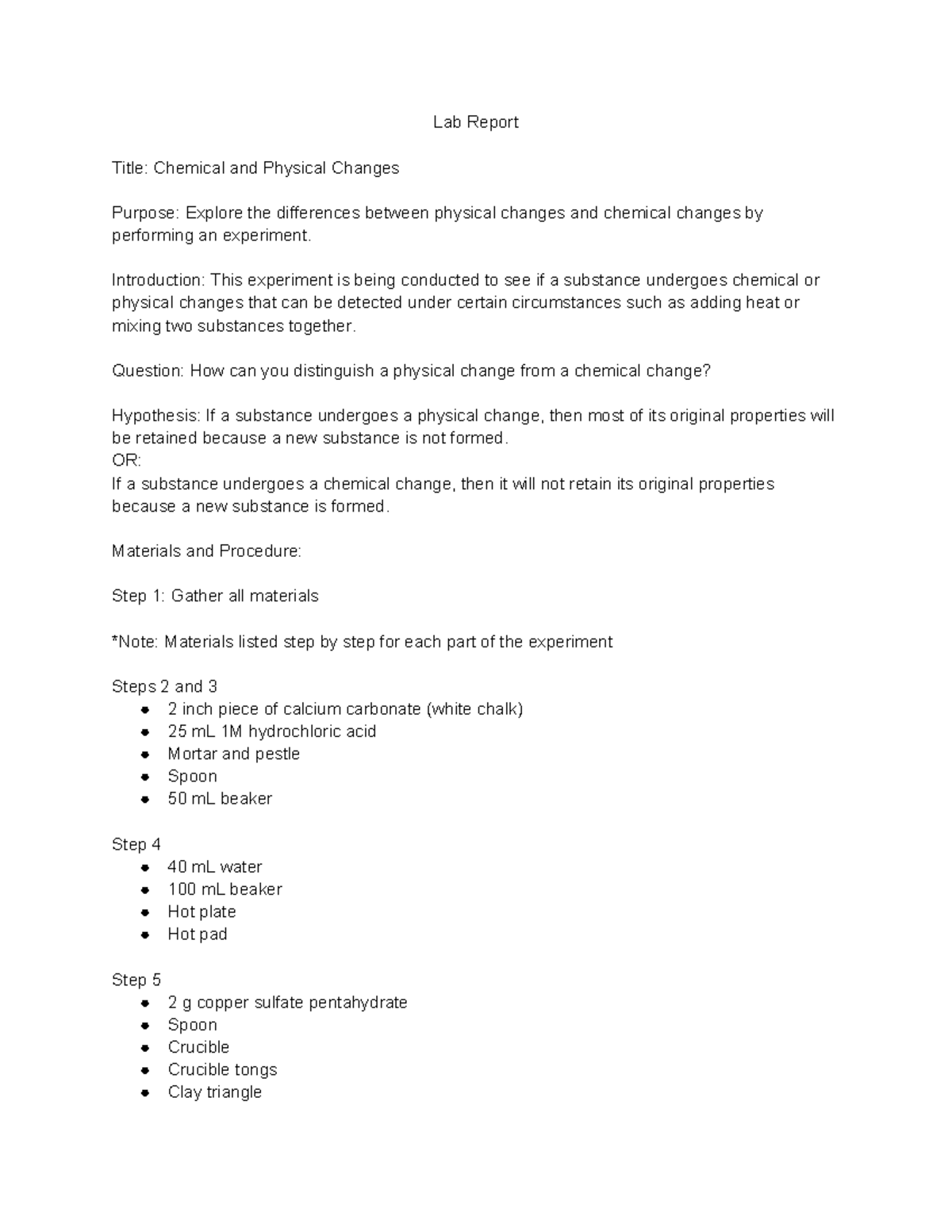 Lab Report - Chemical & Physical Changes in Experiments (EDG 101) - Studocu