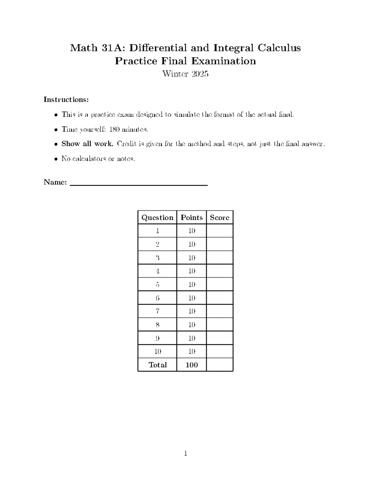 Math 31A: Practice Final Exam on Differential & Integral Calculus - Studocu