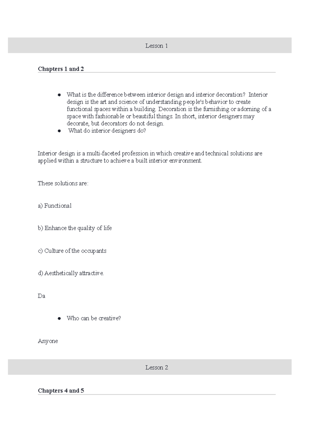 SFL 102 Exam 2 Study Guide: Key Concepts & Answers on Interior Design ...