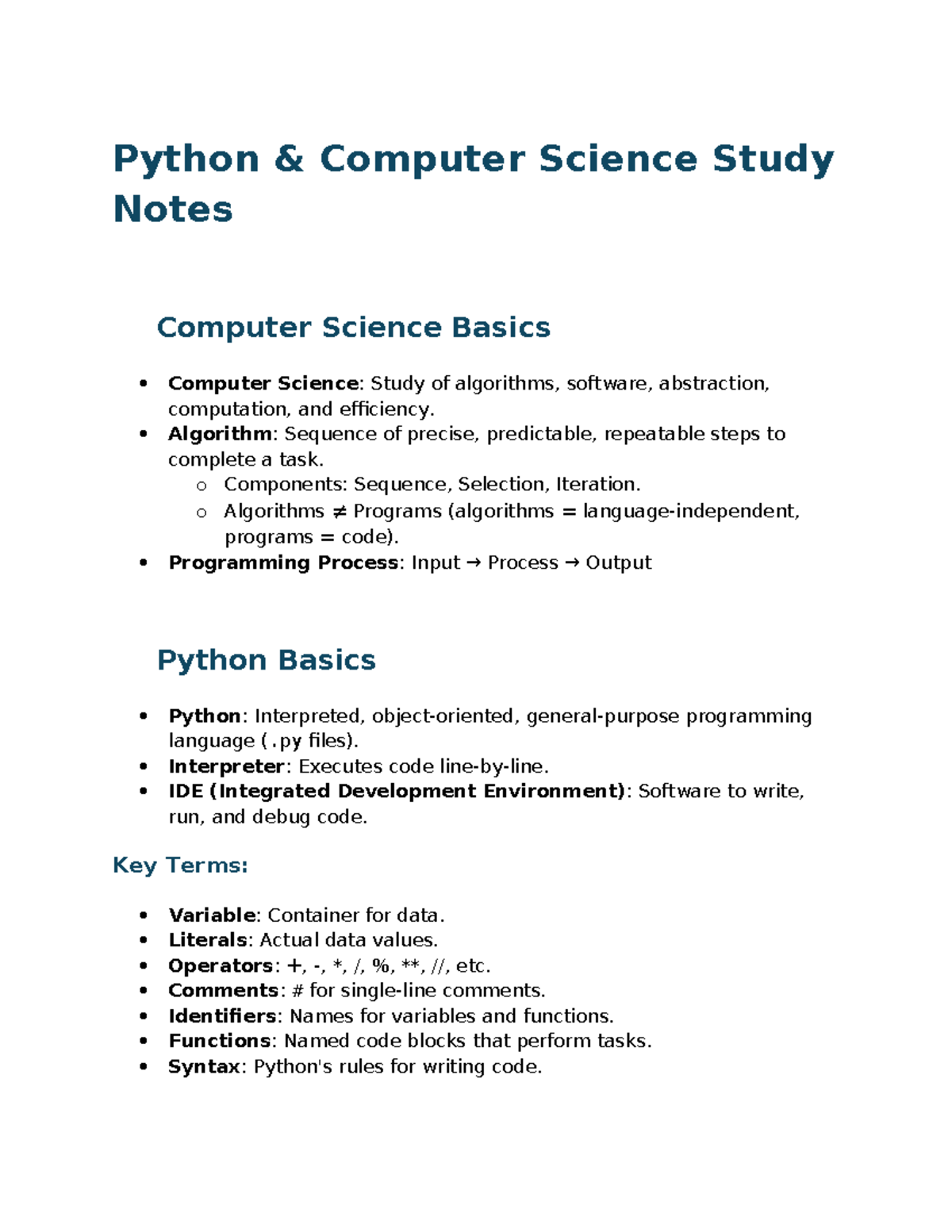 CSC1015 Python Basics Study Notes: Key Concepts & Algorithms - Studocu