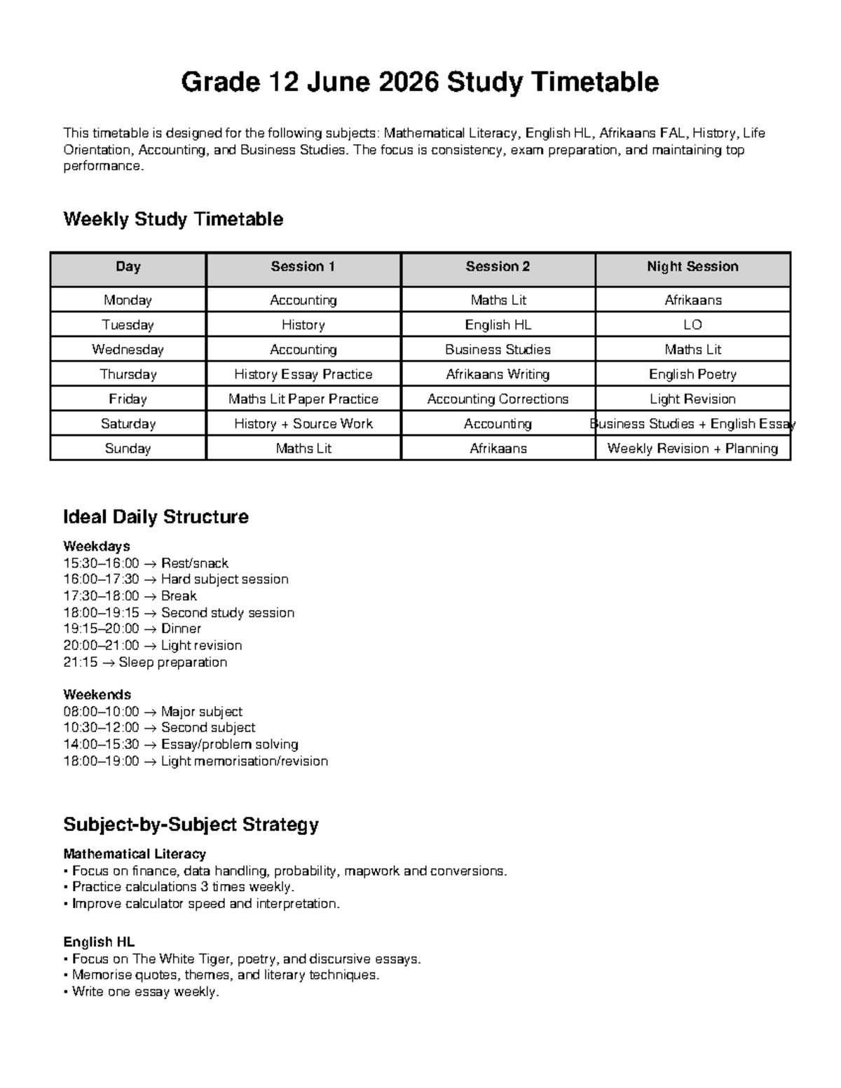 Grade 12 June 2026 Study Timetable for Exam Prep - Studocu