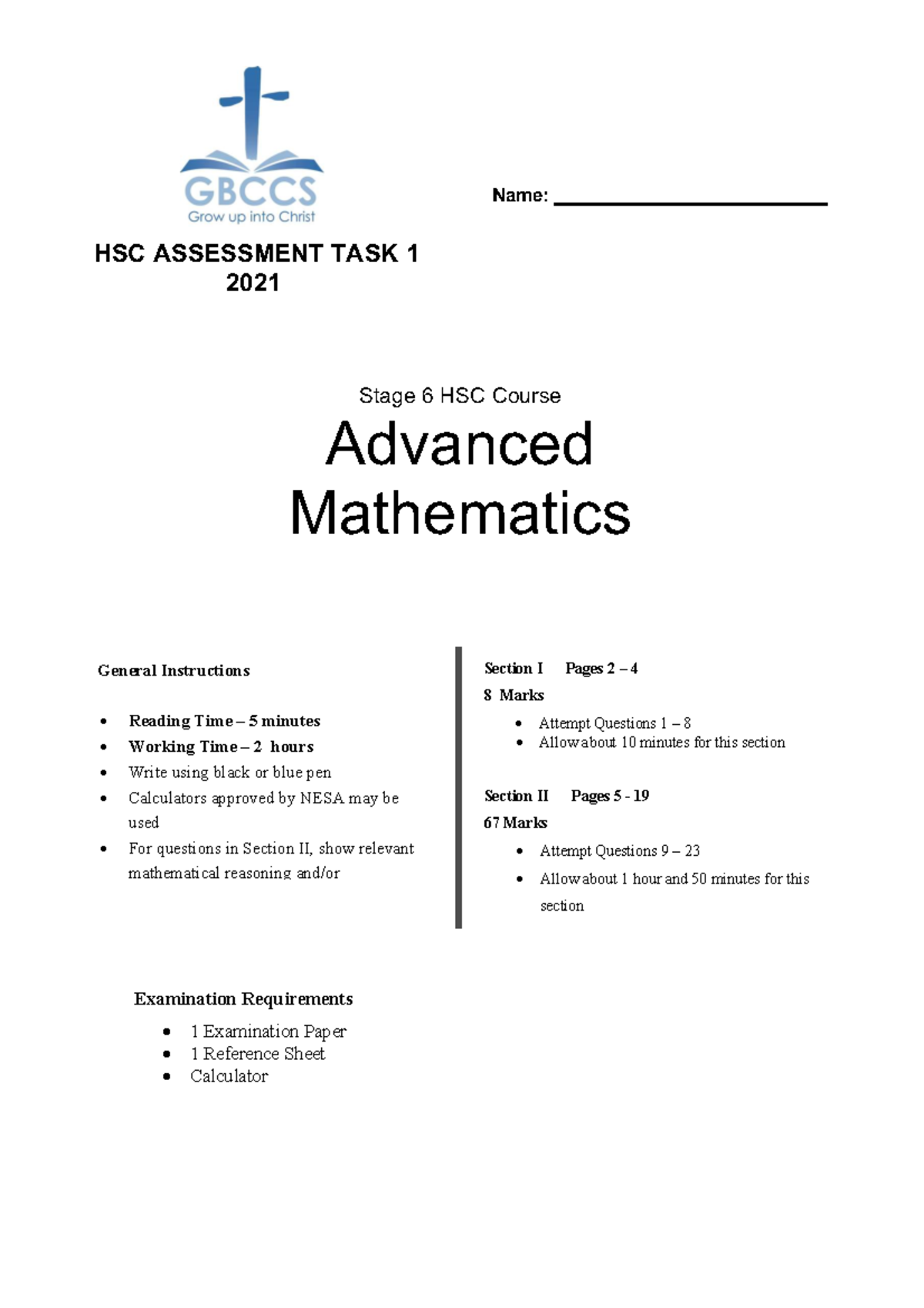 2021 HSC Assessment Task 1 - Stage 6 Adv. Math Exam Paper - Studocu