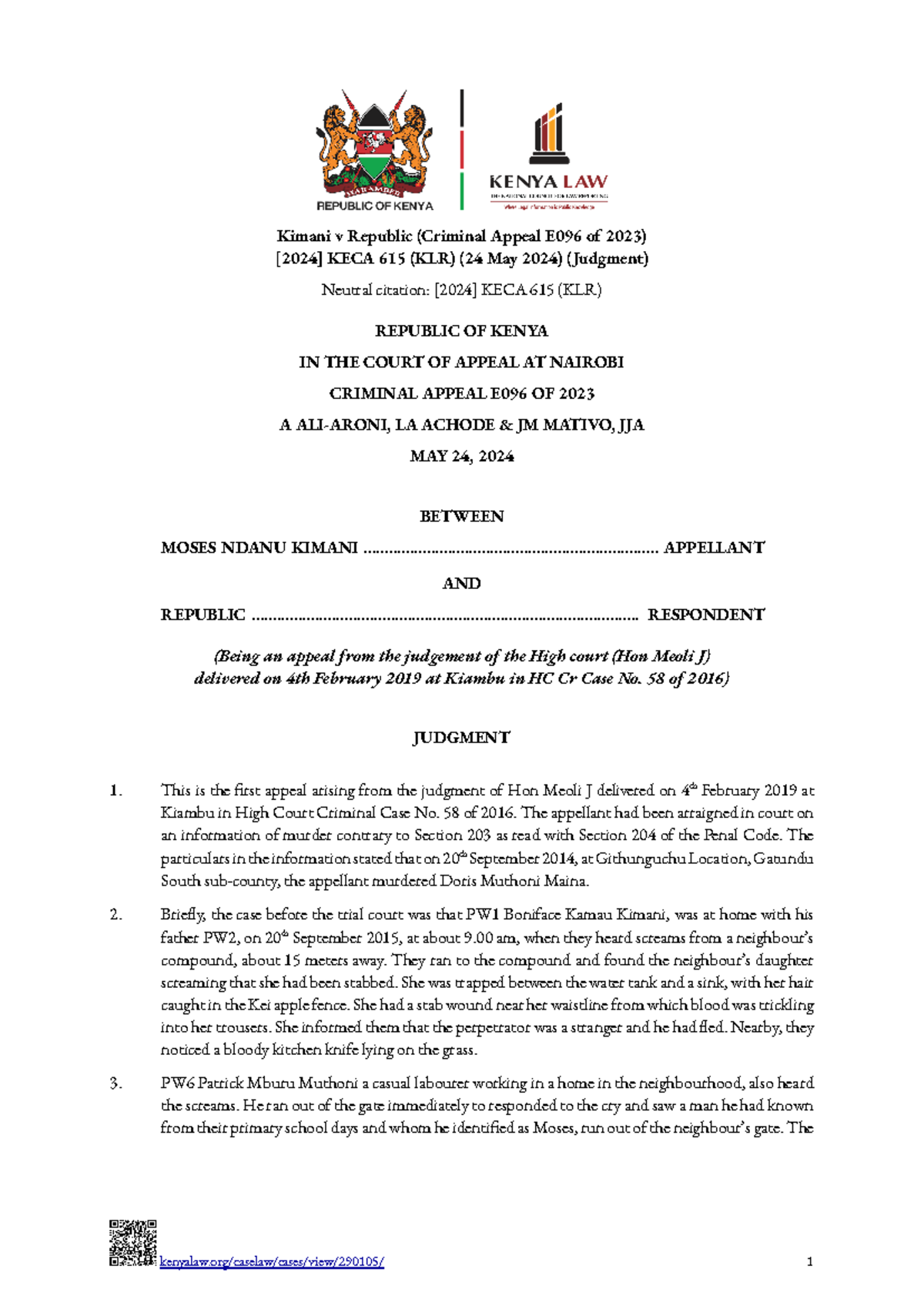 Kimani v Republic (Criminal Appeal E096/2023) KECA 615 (KLR) Judgment ...