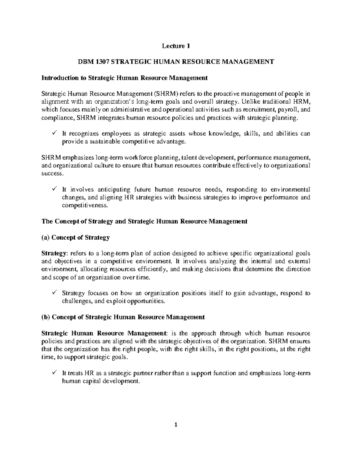 Lecture 1 DBM 1307 STRATEGIC HUMAN RESOURCE MANAGEMENT Overview of SHRM ...
