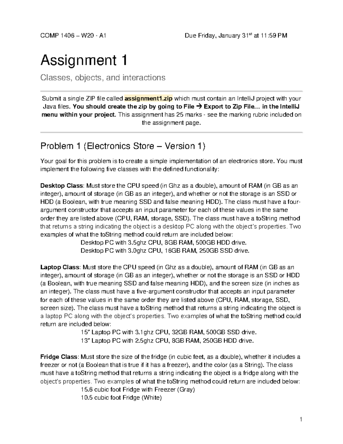 COMP1406-W20-A1 Specification - COMP 14 06 – W20 - A1 Due Friday ...