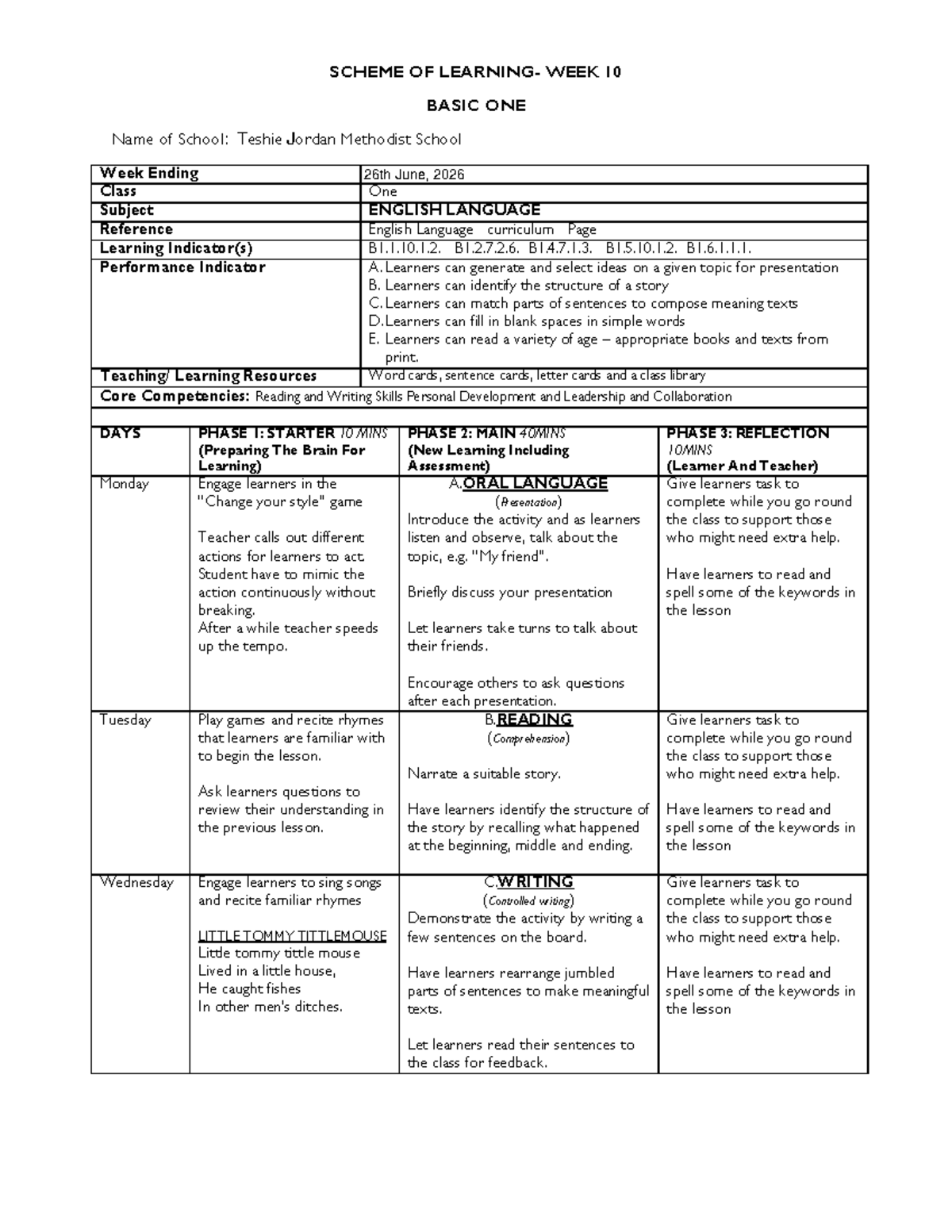 B1 WEEK 10 LESSON PLANS: ENGLISH, SCIENCE, RME, HISTORY - Studocu