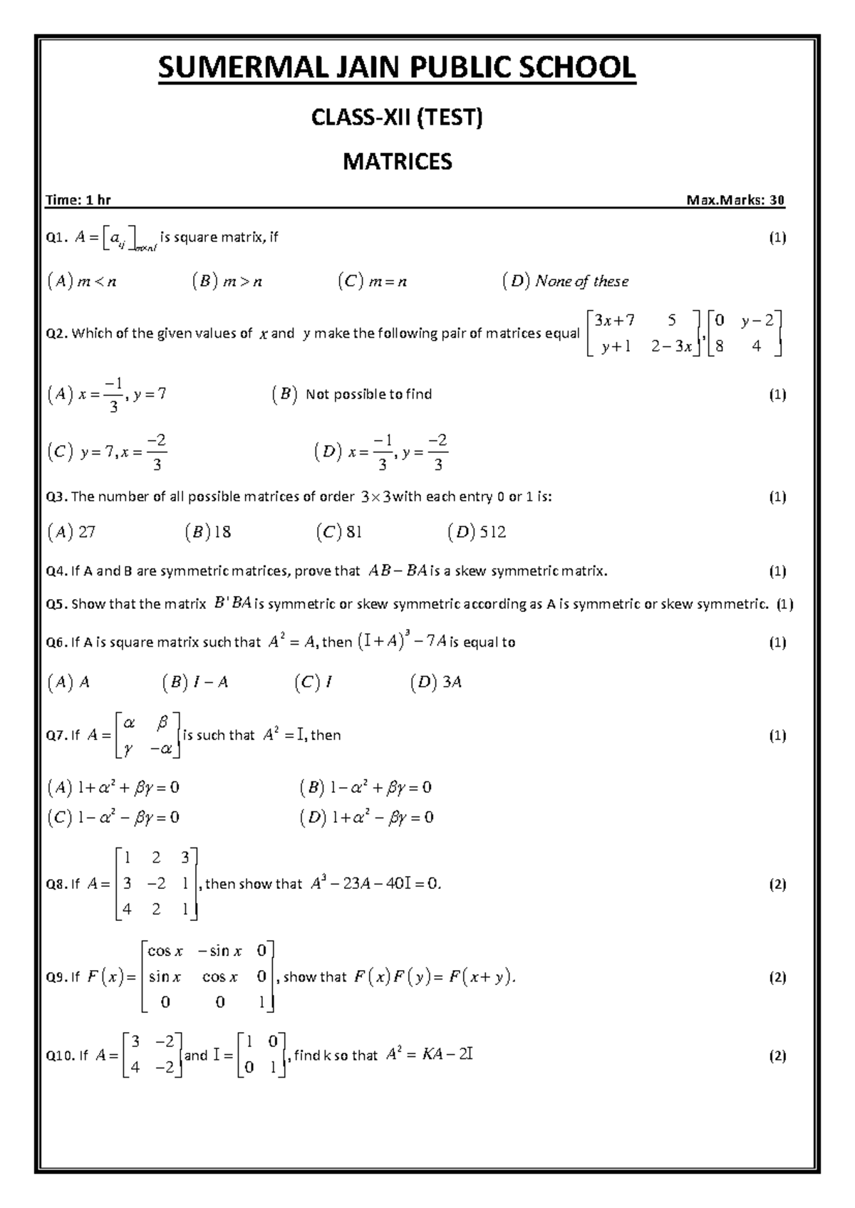 12th 24-25 TEST Matrices: Key Concepts and Problems - Studocu