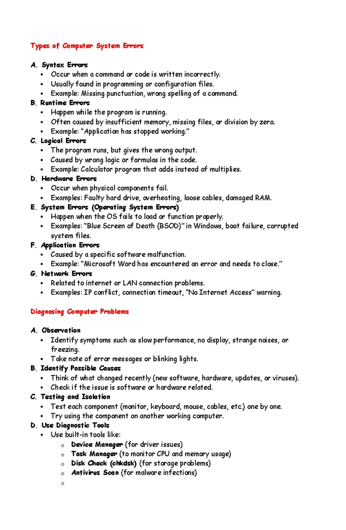 Computerrrrrr reviewer 9 - Types of Computer System Errors A. Syntax ...