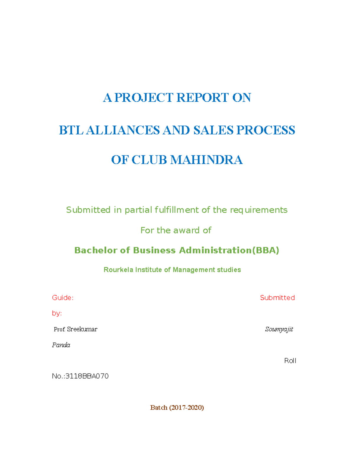 BBA Project Report: BTL Alliances & Sales Process at Club Mahindra ...