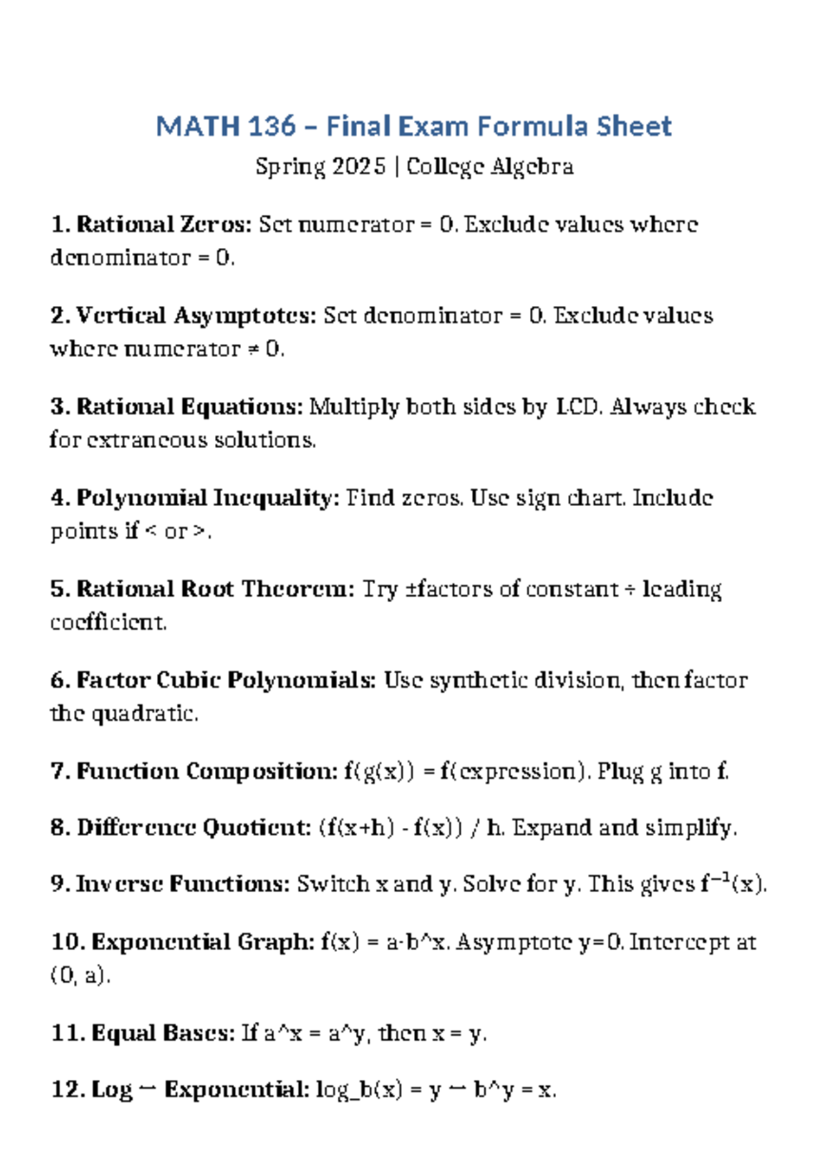 MATH 136 – Spring 2025 Final Exam Formula Sheet for College Algebra ...