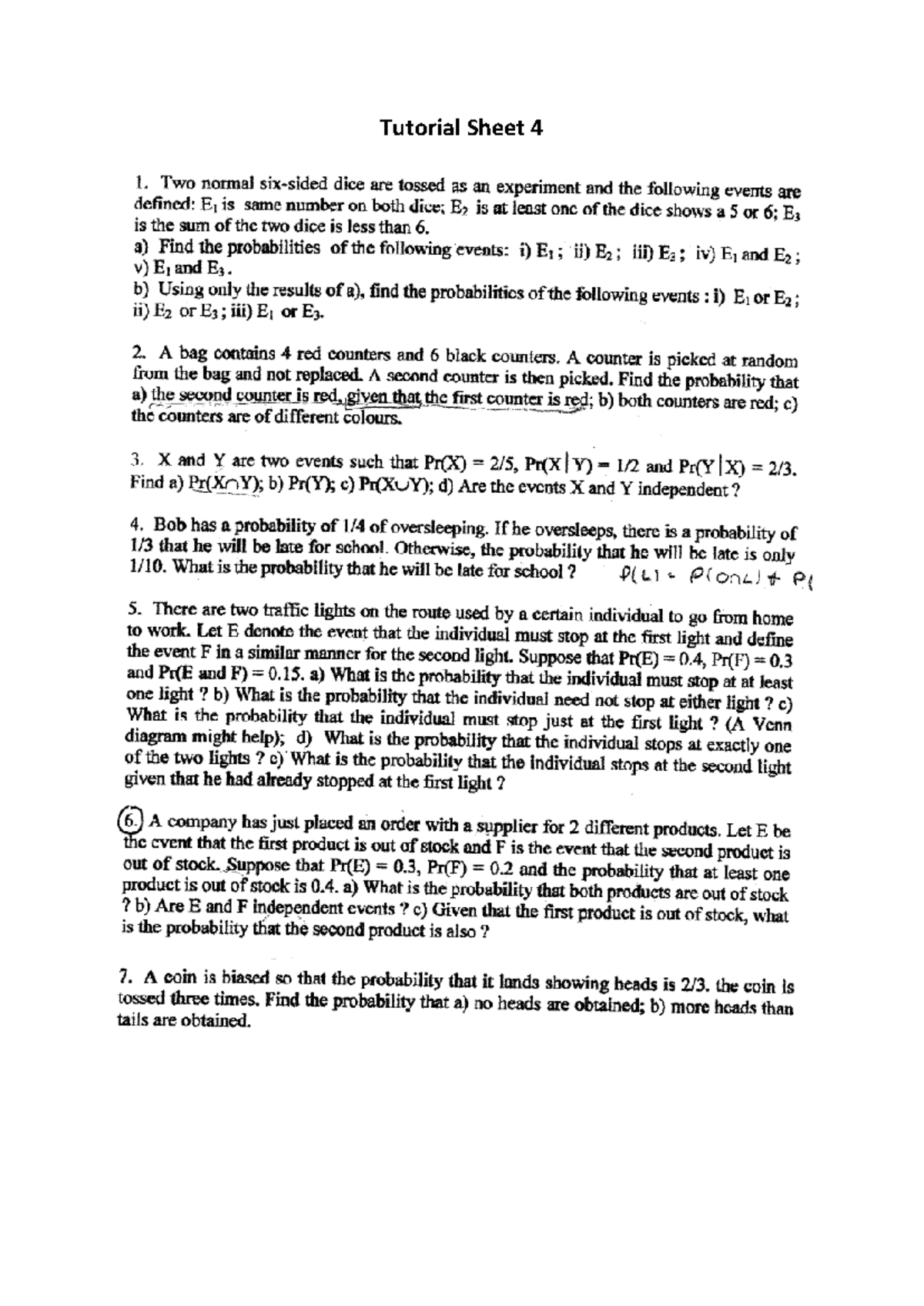 Business Statistics 1 - Tutorial Sheet 4: Probability Exercises - Studocu