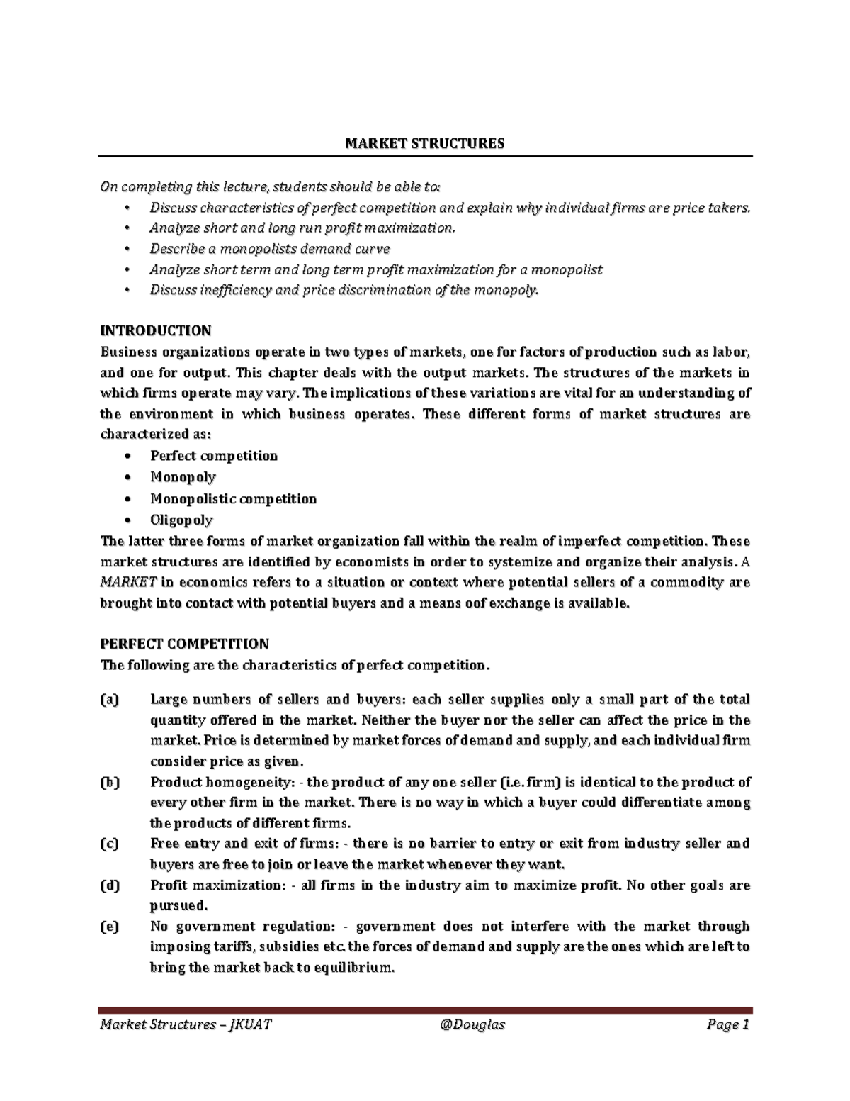 Market Structures - Lecture Notes (ECO 101) - Studocu