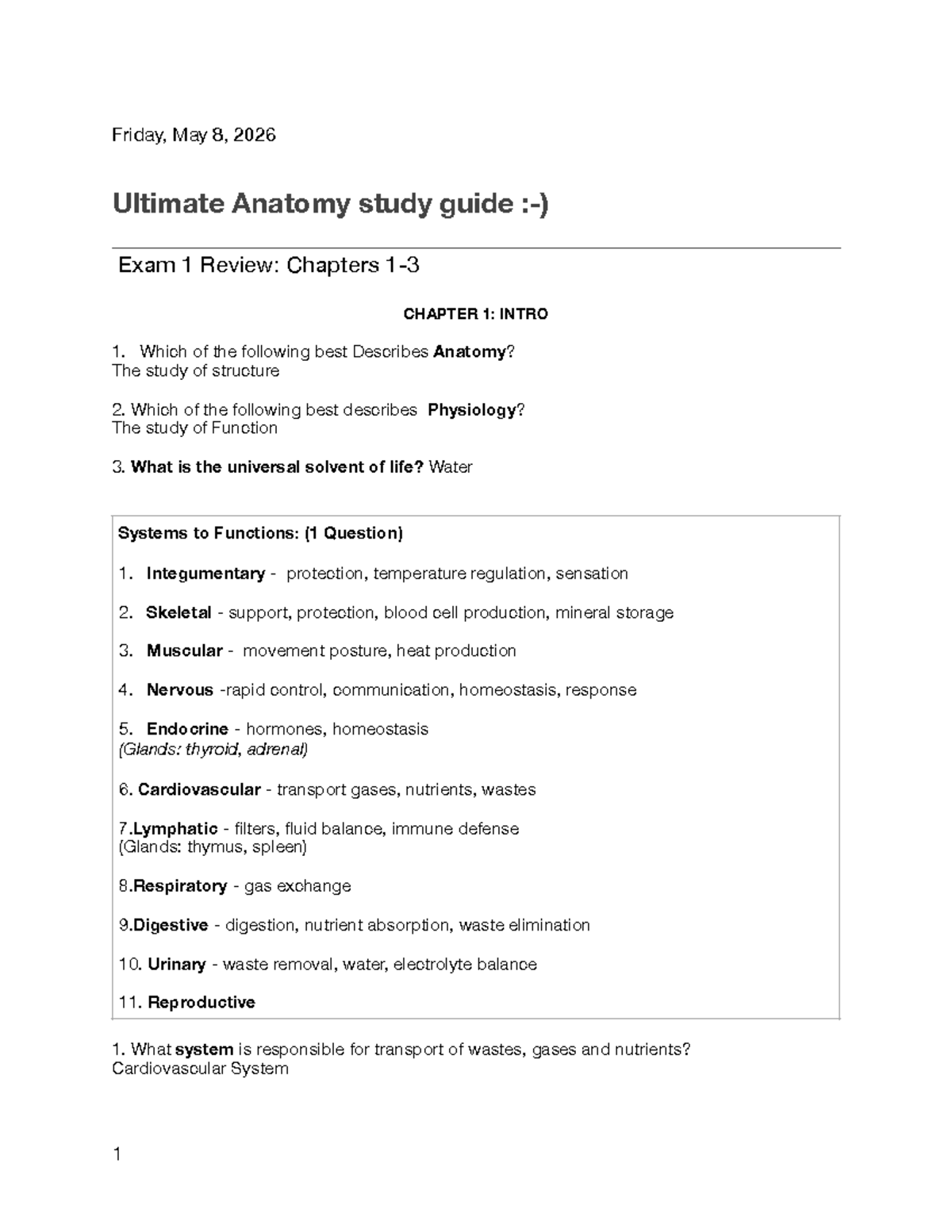 Anatomy Exam 1 Study Guide: Key Concepts & Review - Studocu
