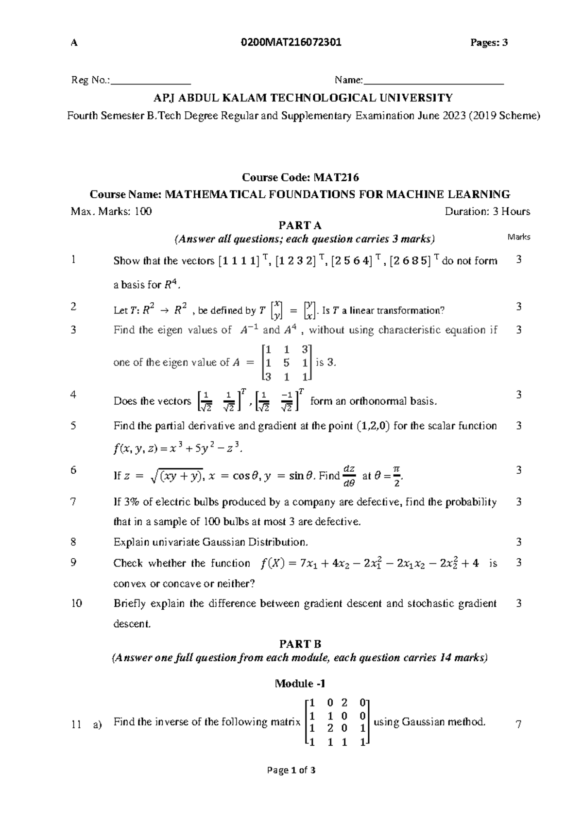 MAT216-Final Exam: Mathematical Foundations for Machine Learning - Studocu