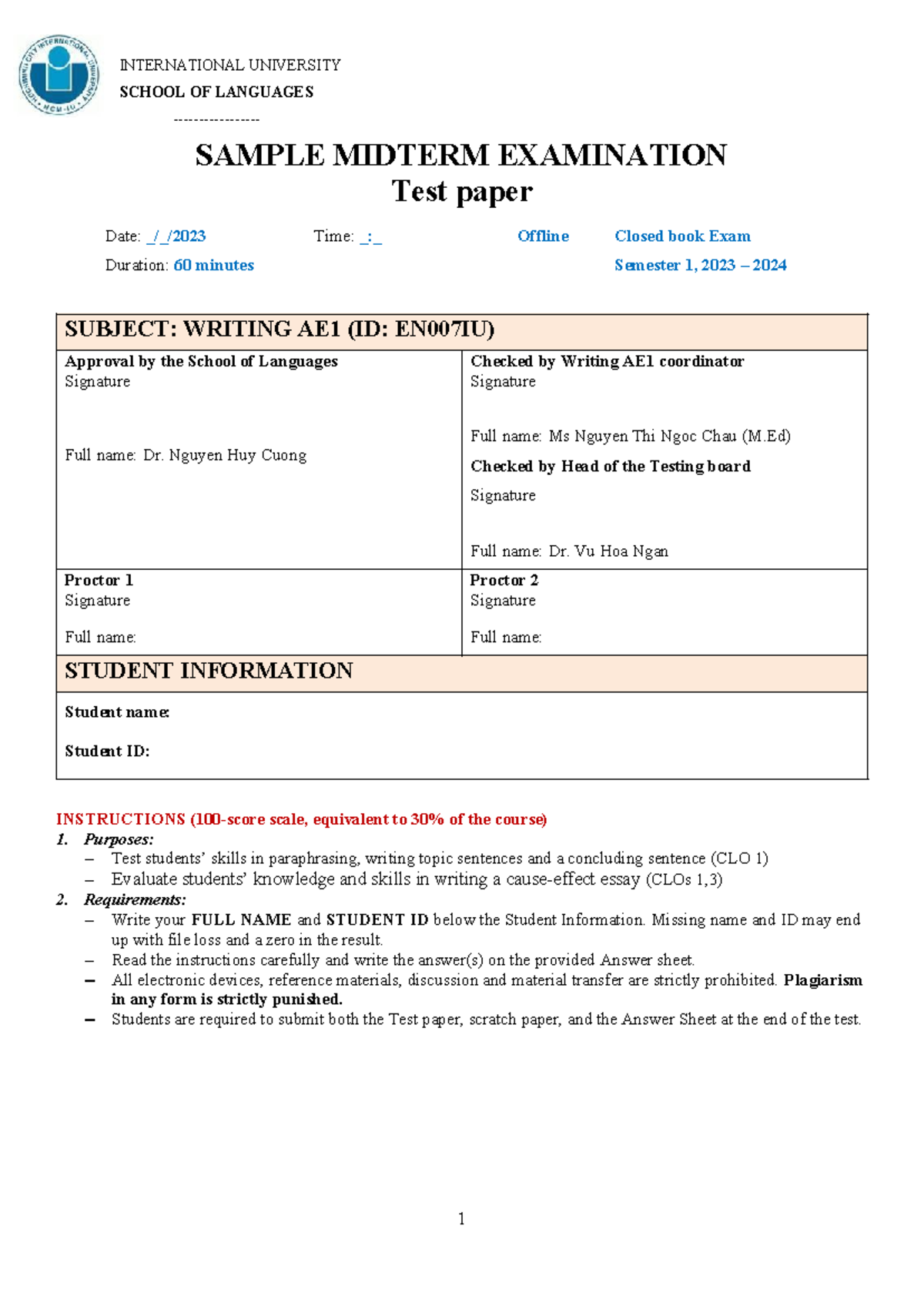 AE1 Writing Midterm Sample Test (2023-2024) - Test Paper - Studocu