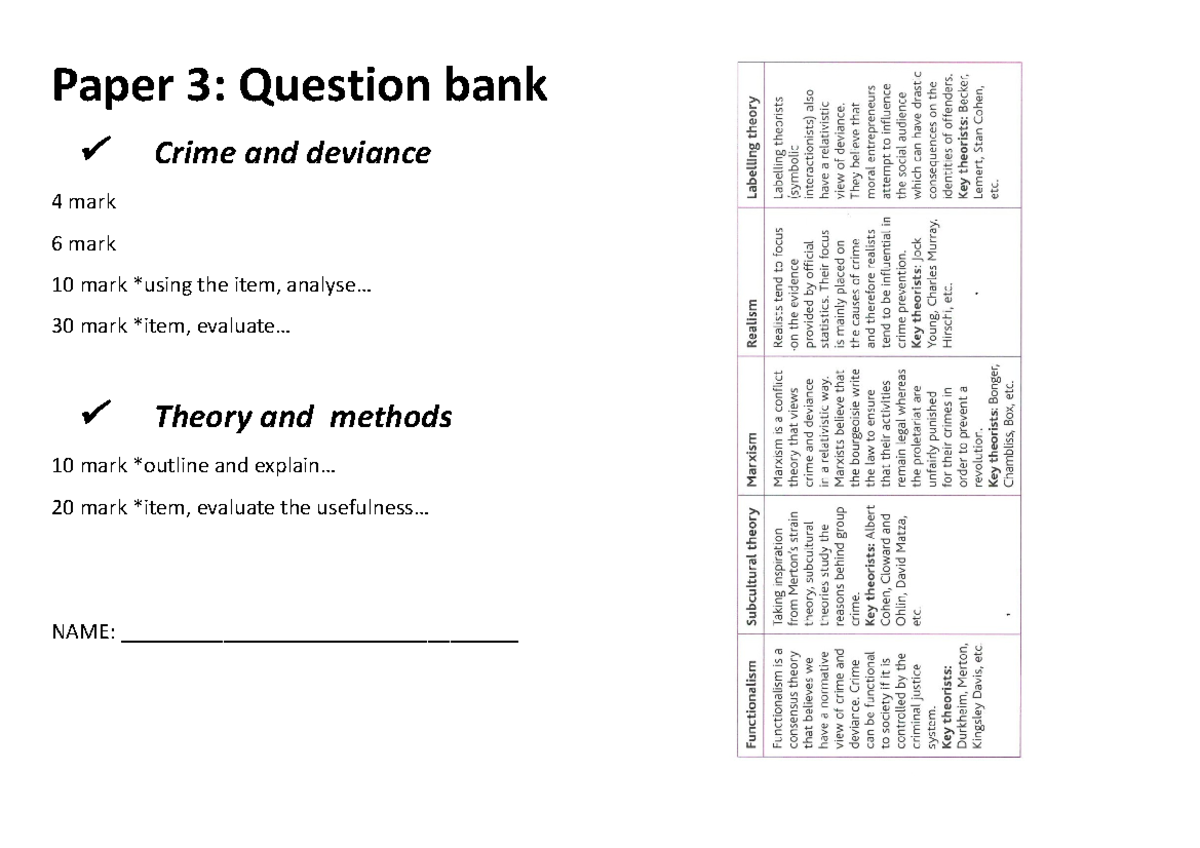 Crime and Deviance: Comprehensive Question Bank for Sociology 3 - Studocu