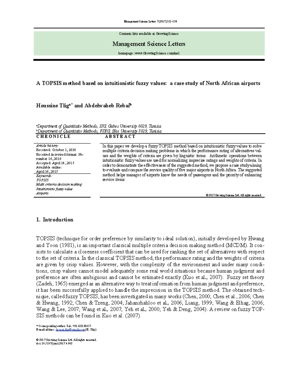 TOPSIS Method Using Intuitionistic Fuzzy Values: Case Study of North ...