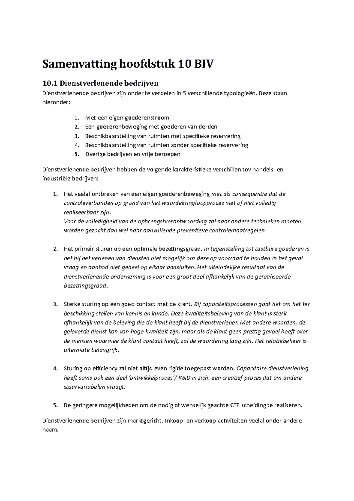 Samenvatting BIV Hoofdstuk 10: Dienstverlenende Bedrijven en ...