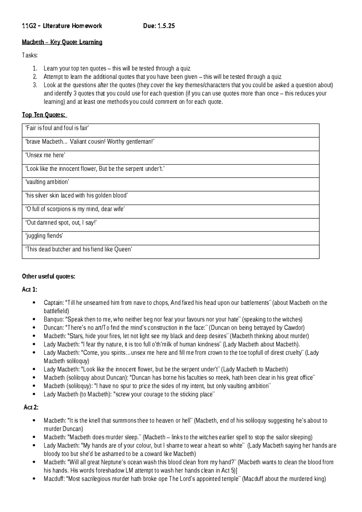 11G2 Literature Homework Due: 1.5.25 - Key Quotes for Macbeth Analysis ...
