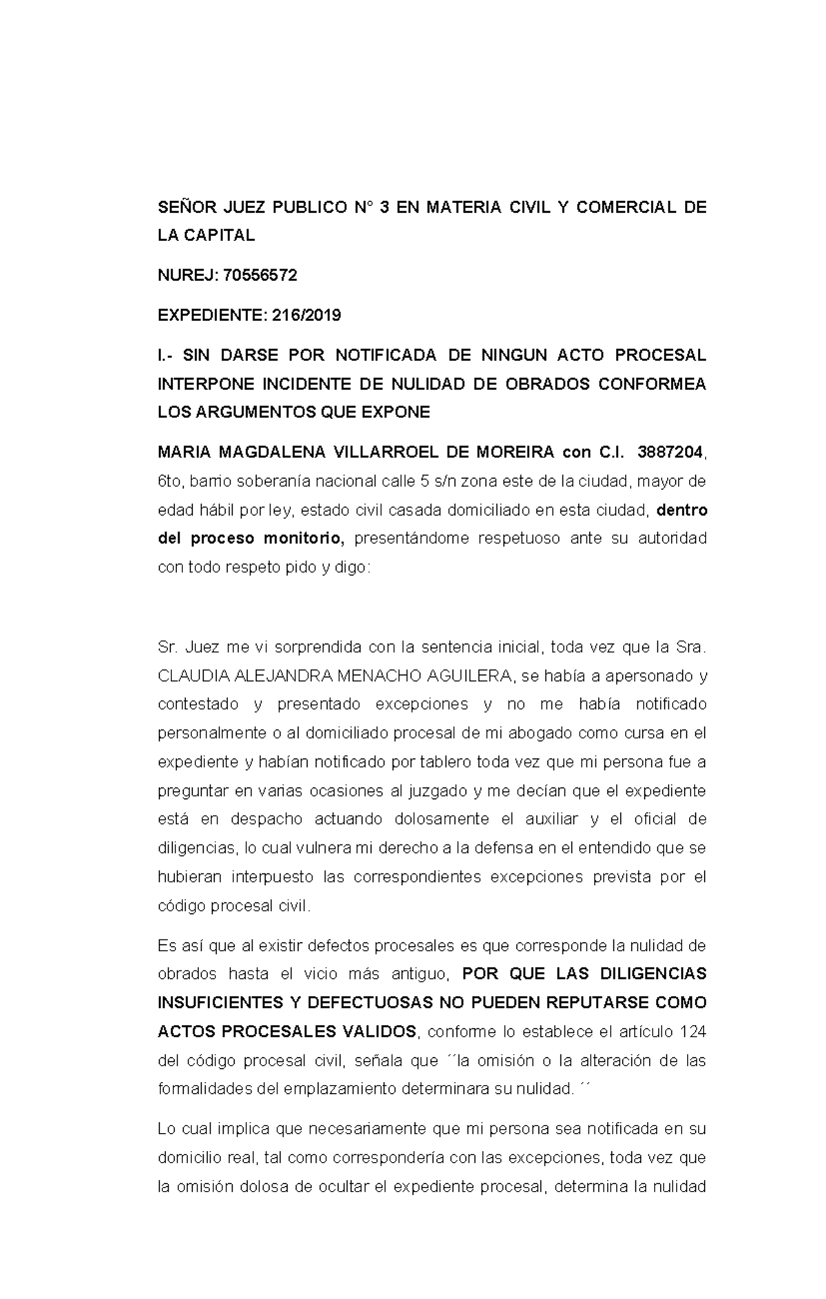 Incidente de Nulidad de Notificación en Proceso Civil - C.I. 3887204 - Document Preview