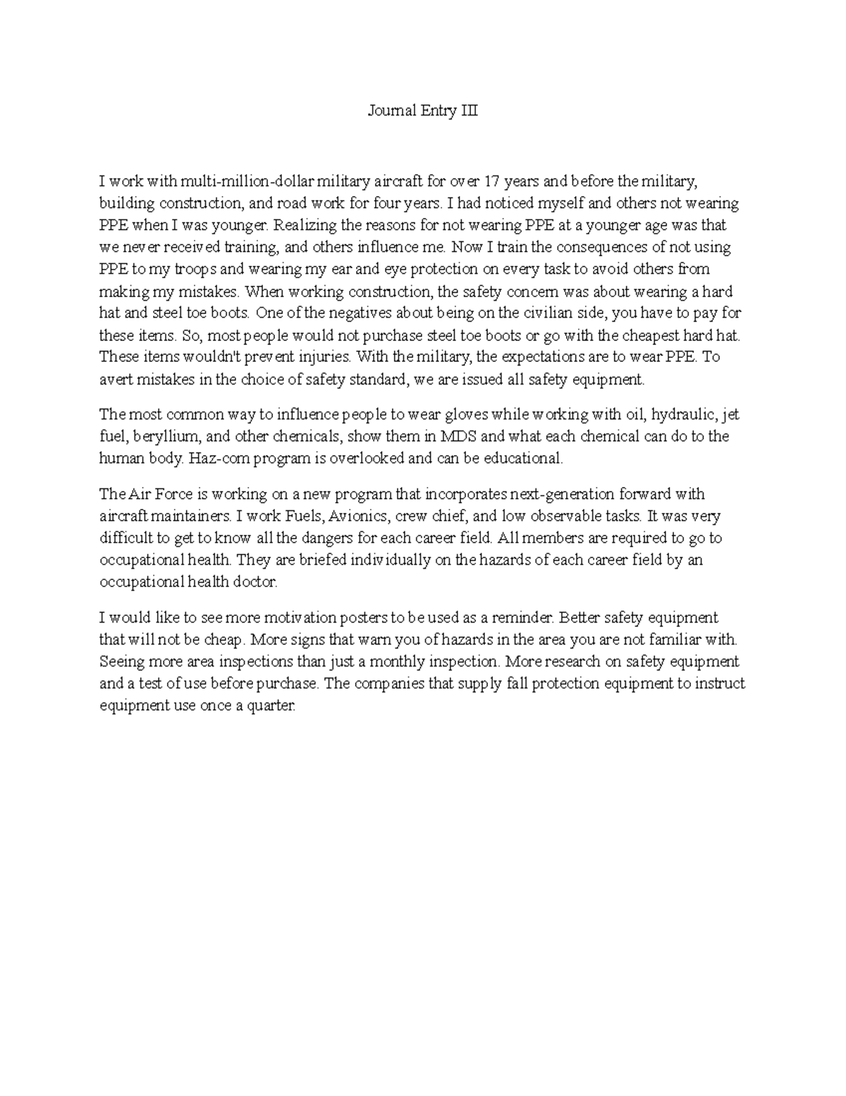Journal Entry III: PPE Importance and Safety Training in Military ...