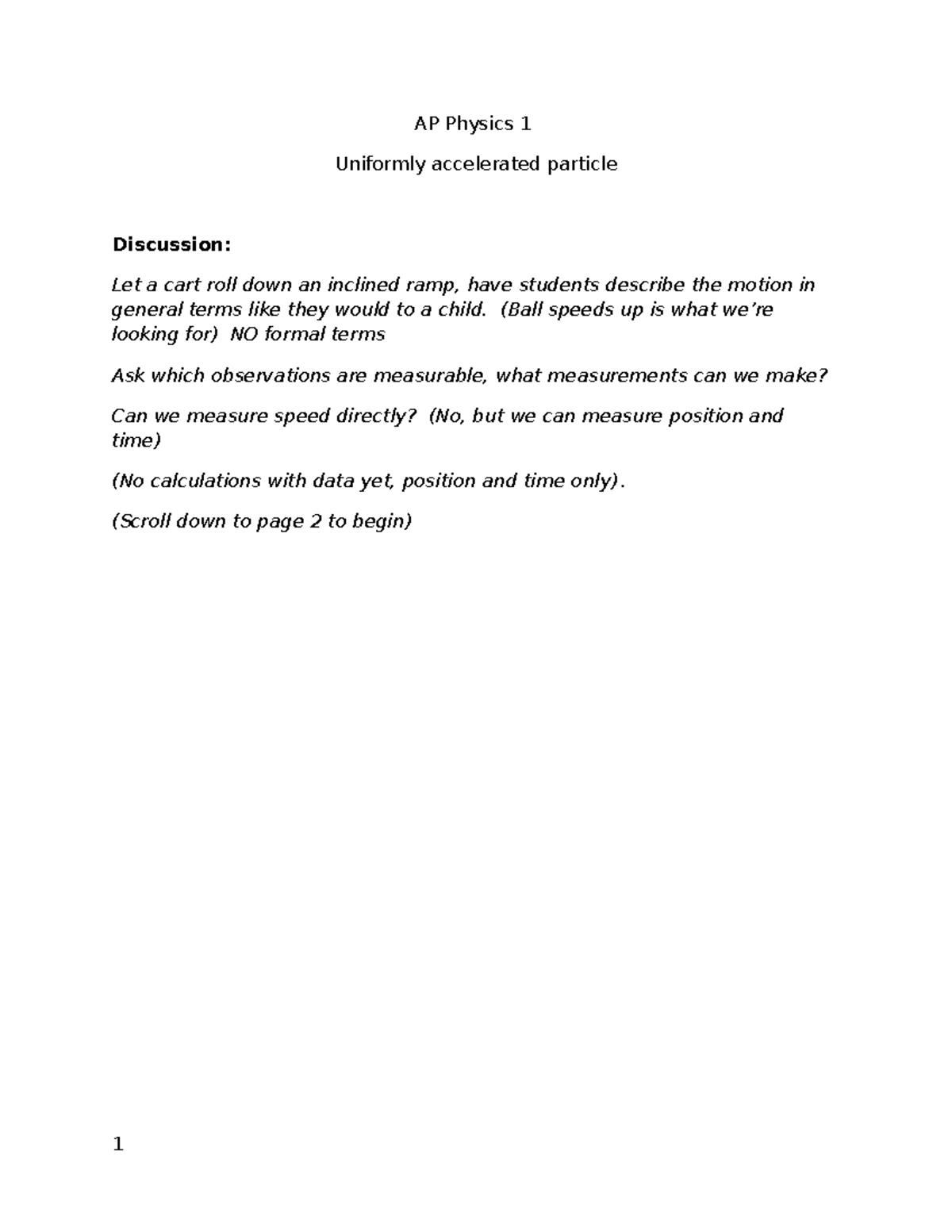 Uniform Accelerated Motion Analysis for AP Physics 1 Pogil-1 - Studocu