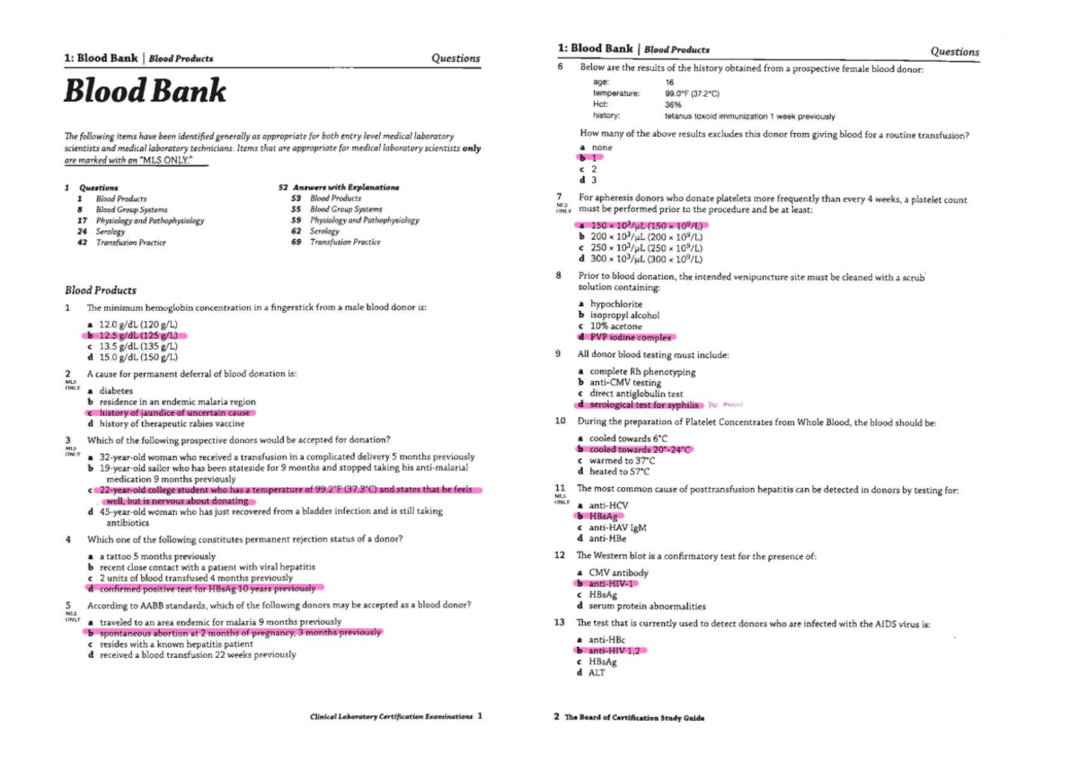 1: Blood Bank Blood Products & Serology Questions - BB-BOC Study Guide ...