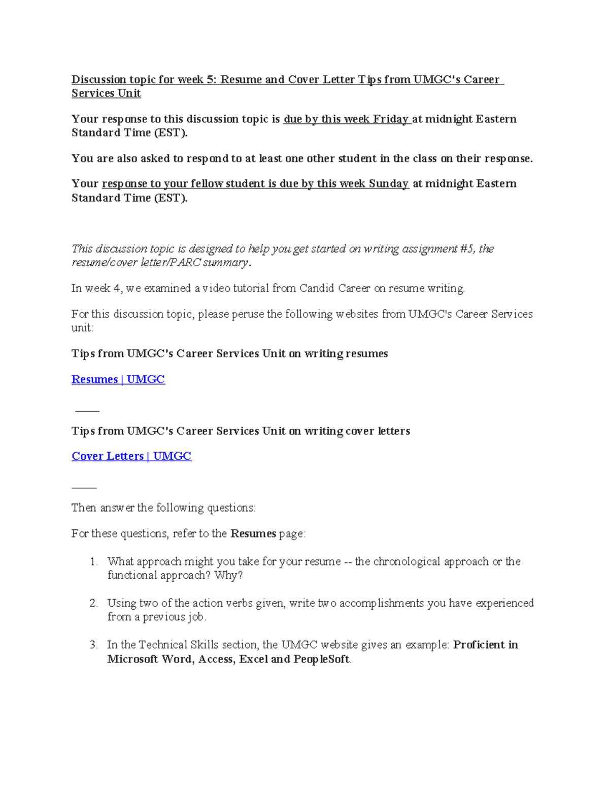 UMGC Week 5 Discussion: Resume & Cover Letter Strategies - Studocu