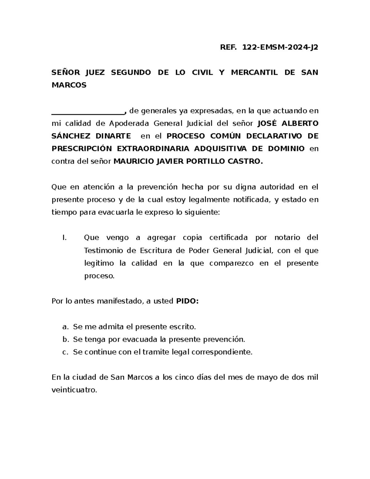 Escrito Judicial de Evacuación de Prevención - 122-EMSM-2024-J - Studocu