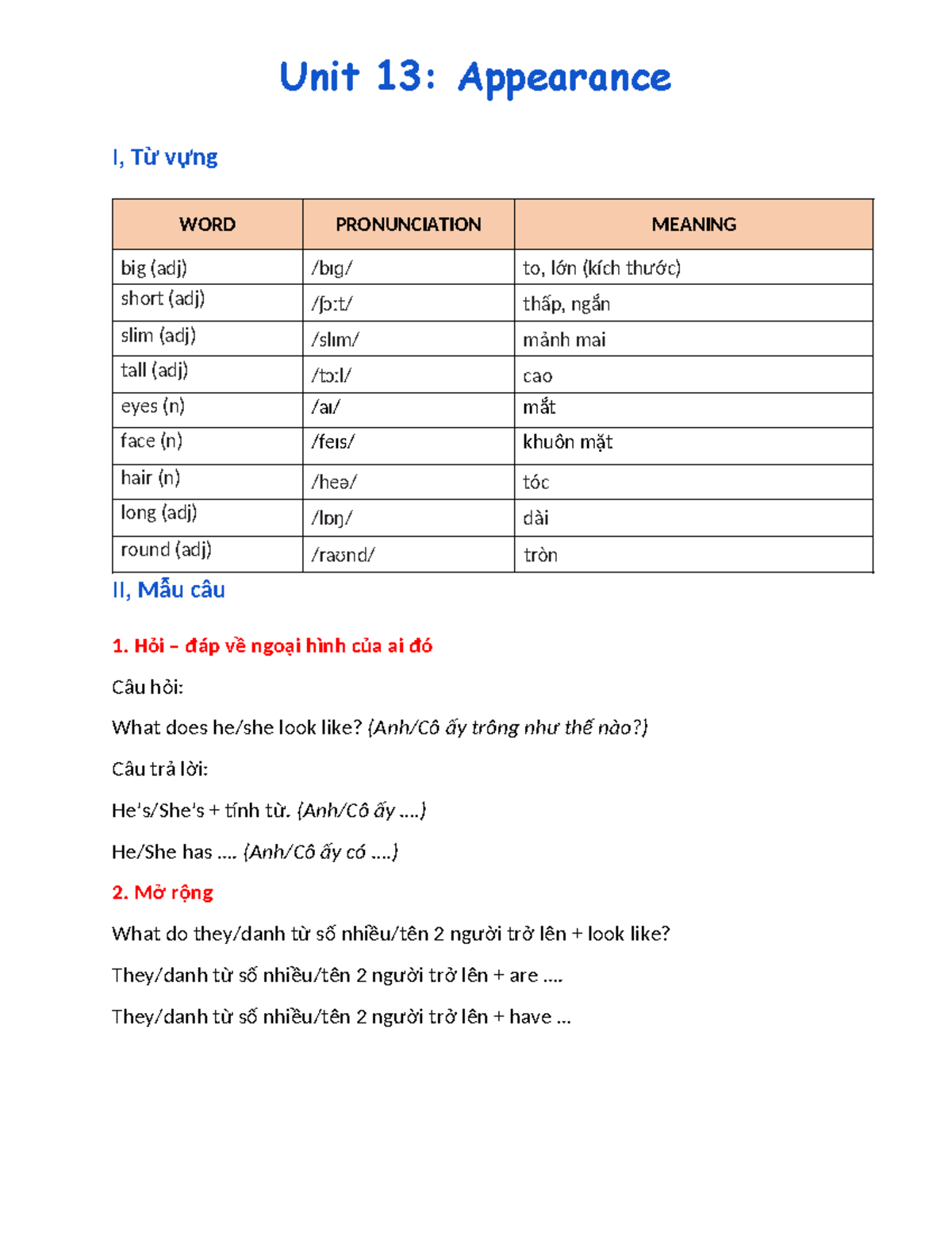 Unit 13: Appearance I - Vocabulary & Pronunciation Guide - Studocu