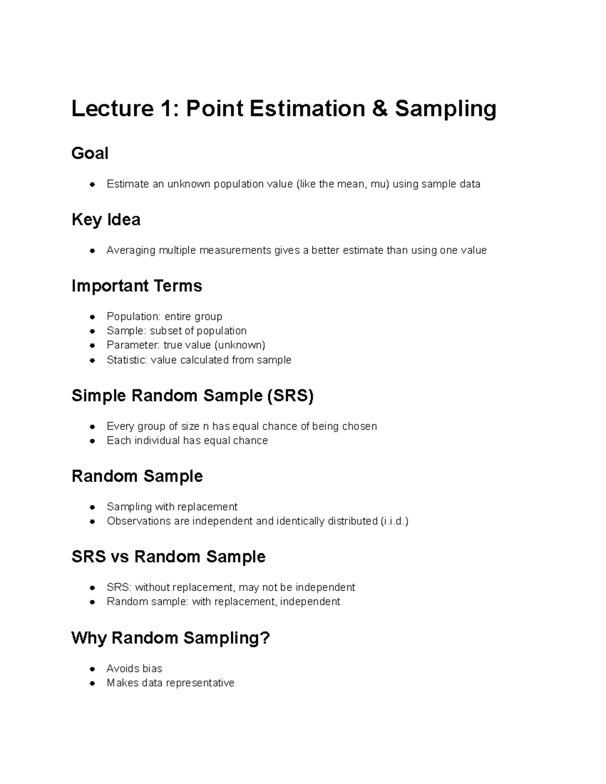 MATH1041 Lecture Notes: Point Estimation & Sampling Concepts - Studocu